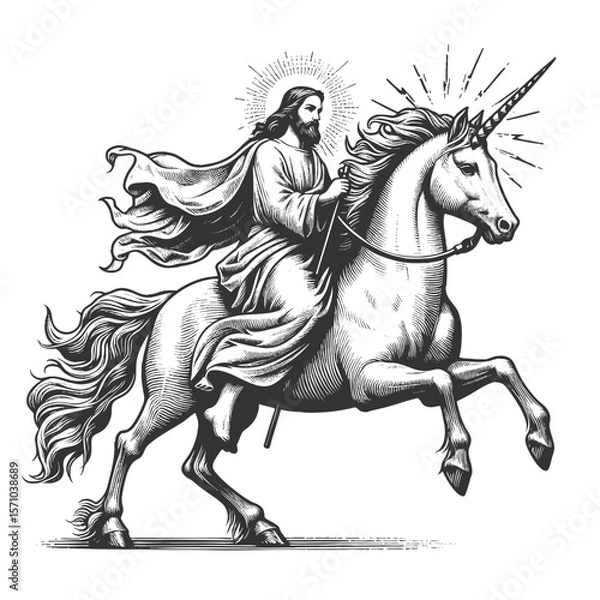 Fototapeta Jesus Christ with radiant halo riding a majestic unicorn sketch engraving generative ai fictional character vector illustration. Scratch board imitation. Black and white image.