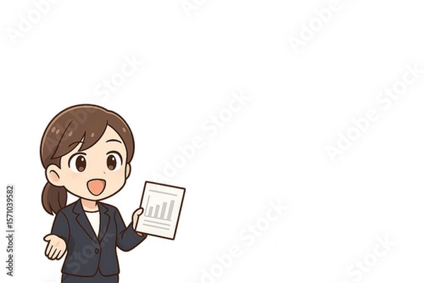 Fototapeta 資料を掲げながら熱意を伝えるミニキャラのキャリアウーマン（スクリーン背景・中央余白あり）