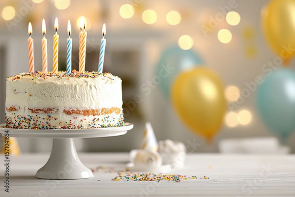 Fototapeta Homemade birthday cake with candles and sprinkles on festive blurred background for party invitation design or greeting card