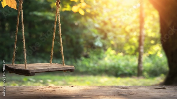 Fototapeta Empty wooden swing in warm sunlight in forest, tranquil nature escape scene