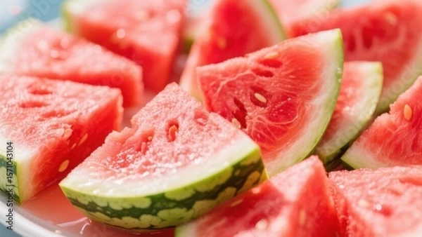 Fototapeta A plate of cut watermelons, with bright red and plump flesh, and seeds dotted inside, presenting a visual experience of summer's refreshing and delicious taste