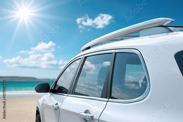 Fototapeta White car parked on a sunny beach, reflecting sky and clouds in the windows, ready for a coastal adventure.