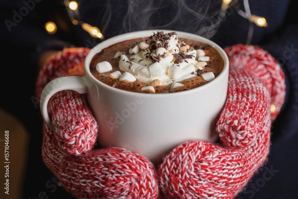Obraz Warm cup of hot chocolate held in cozy mittens during winter season with soft lights in the background. Generative AI