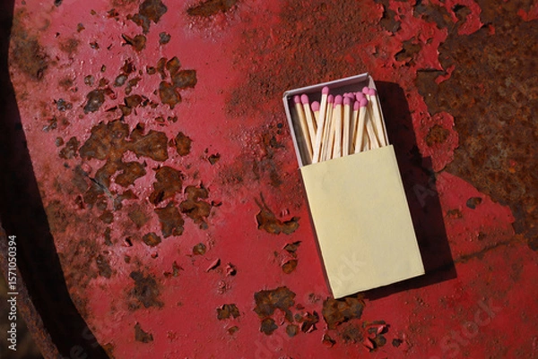 Obraz matchbox on red old iron background. matches with pink sulfur