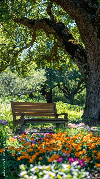 Fototapeta Peaceful Park Scene with a Wooden Bench