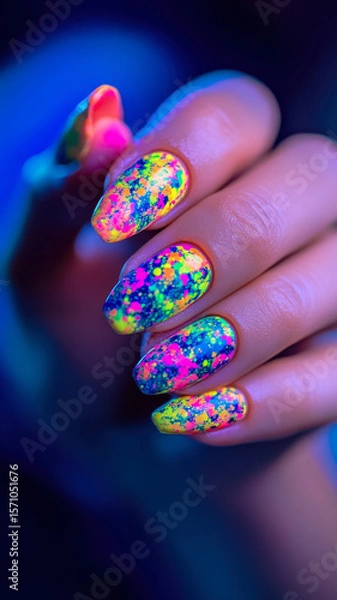 Fototapeta Neon almond nails bursting with abstract color on a cheerful female hand