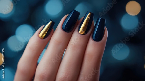 Fototapeta Navy and nude color-block coffin nails with gold foil on a chic female hand, making a bold statement