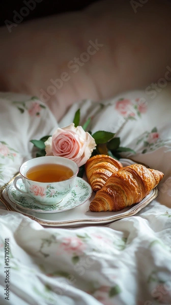 Fototapeta Mother  Day Breakfast in Bed with Flowers and Tea