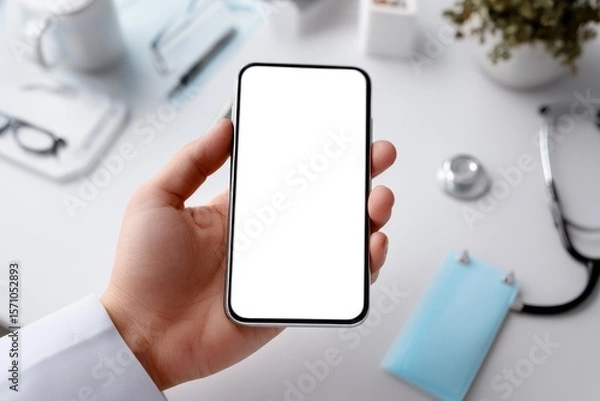 Obraz doctor holding smartphone with white screen in hand, mock up, copy space