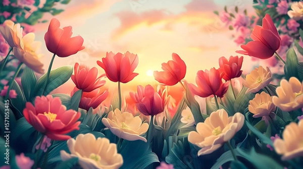 Obraz A vibrant field of red and orange tulips basks in the warm glow of a sunset, creating a breathtaking and idyllic spring landscape with soft light