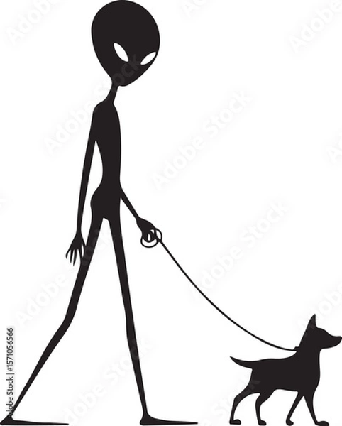 Obraz Bigfoot Walking a Dog on a Leash Silhouette Vector Illustration on Transparent Background