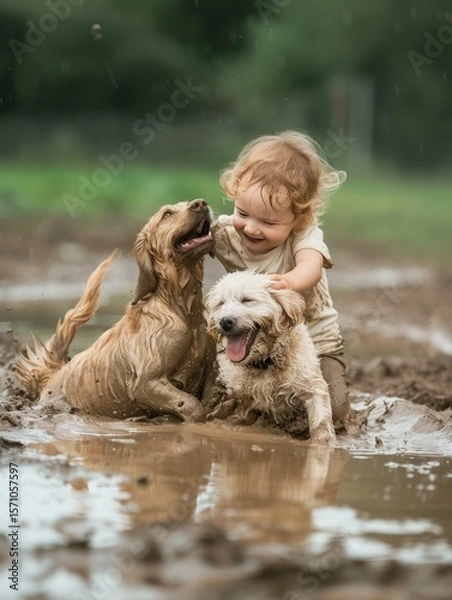 Fototapeta Smiling toddler in muddy clothes playing with two joyful dogs in a puddle, capturing a moment of pure happiness.