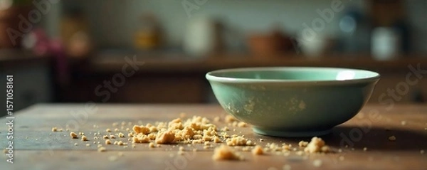 Fototapeta Empty Bowl, Scattered Crumbs A Photo Depicting Intense Hunger and Frustration in a Messy Kitchen Setting