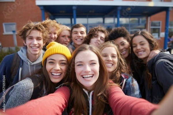Obraz A group of young friends taking a selfie photo together at school, smiling and having fun while standing near the camera.