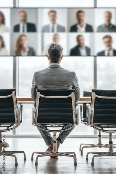 Obraz Corporate boardroom with empty chairs except for one person facing multiple video call screens,symbolizing decentralization and remote leadership.