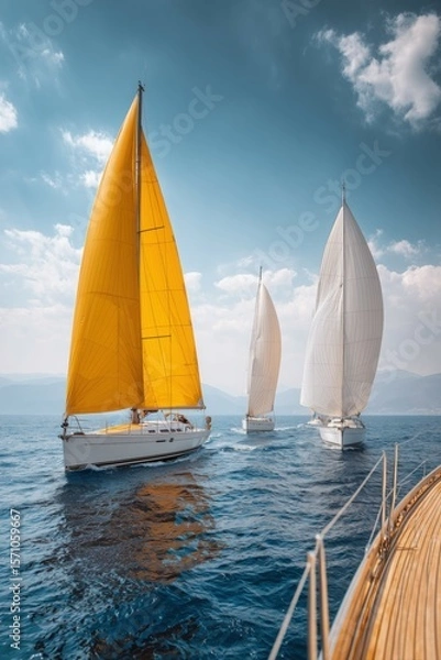 Obraz Sailing yacht team on the sea, blue sky and white clouds, sailing boats with yellow sails in front of them.