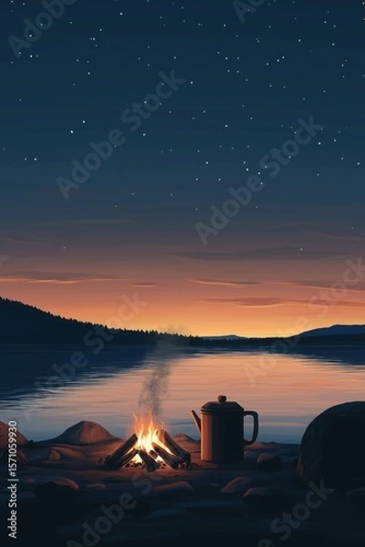 Obraz A minimalist shot of a campfire surrounded by smooth stones, with a pot of coffee brewing over the flames.