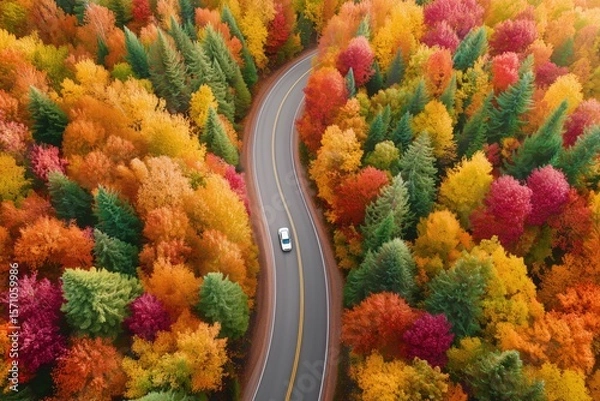 Obraz Drone shot high angle image of a colorful forest with a curvy road and a lonely car driving along, on an autumn day.