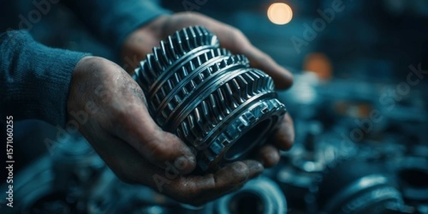 Obraz A mechanic's hands holding and examining the gears of an goods, close-up shot, with various engine parts in background.