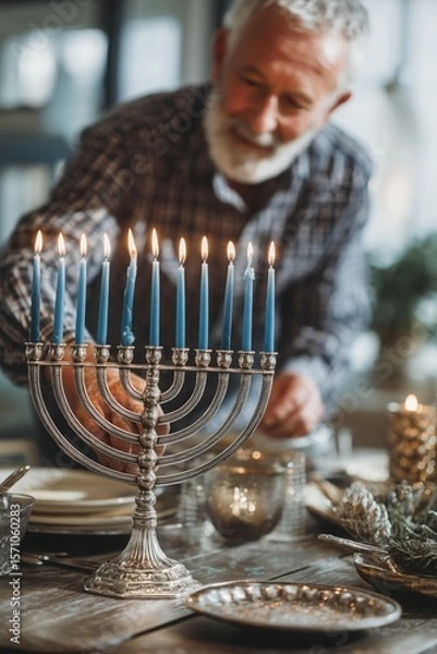 Obraz An athletic senior man lighting a hanukkiah, a traditional nine-branched menorah, in the daylight view of a table with a silver menorah and candles.