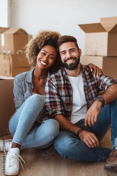 Obraz Happy couple sitting on the floor and smiling at the camera while moving into their new apartment with boxes around them.