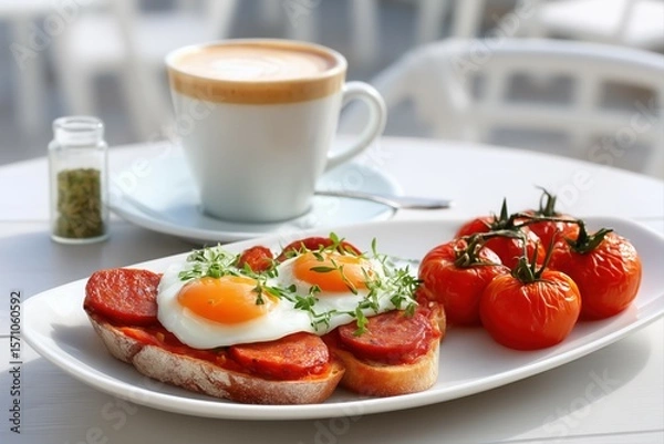 Obraz A traditional Spanish breakfast scene with pan con tomate, fried eggs, and pan-fried chorizo slices, served with a cafe con leche on a sunny patio.