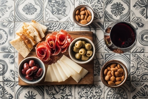 Obraz Top-down view of a tapas board featuring jamon iberico, manchego cheese, olives, almonds, and a glass of red wine on a patterned Spanish tile table.