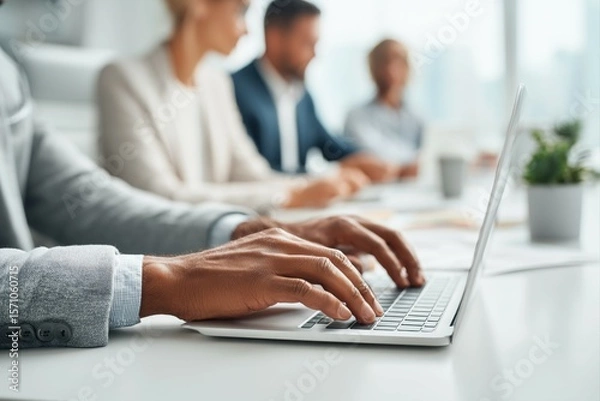 Obraz Close-up of hands typing on a laptop keyboard, with blurred business people in the background working together in an office setting.