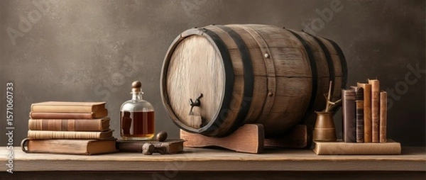 Obraz An old wooden barrel on the table against a dark background, with ample space for product display and presentation in a bar or pub setting.
