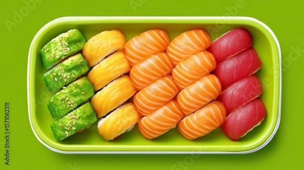 Fototapeta Colorful Assortment of Sushi on a Green Tray Showcasing Fresh Ingredients and Artful Presentation