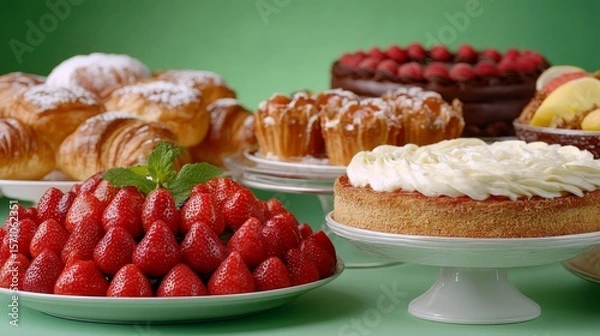 Fototapeta Colorful Dessert Buffet Featuring Assorted Cakes and Fresh Strawberries on Green Background