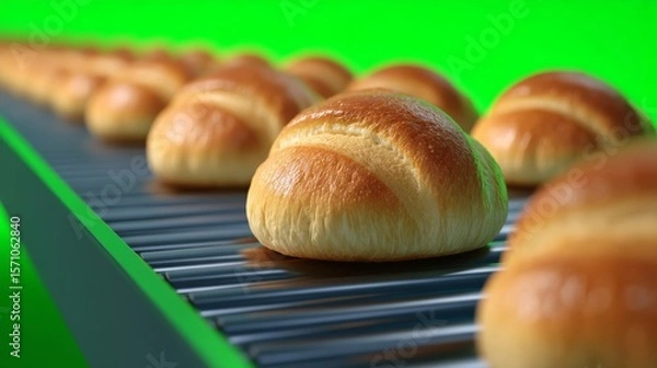 Fototapeta Conveyor Belt Transporting Freshly Baked Soft Rolls in a Food Factory Setting with Green Background