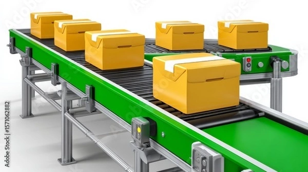 Fototapeta Conveyor Belt Transporting Yellow Boxes in a Modern Food Processing Factory with Industrial Design Elements