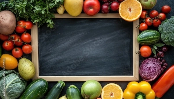 Fototapeta Blackboard with Fresh Fruits and Vegetables from Above