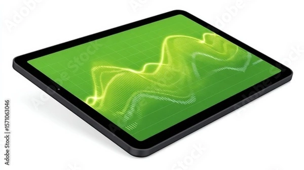 Fototapeta Digital Tablet Displaying Animated Green Wave Patterns with Glowing Dots