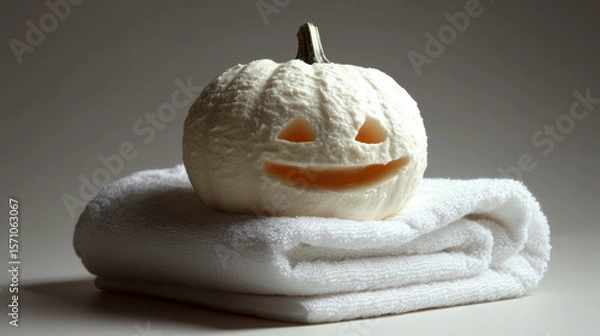 Fototapeta A carved pumpkin sits on a folded white towel. Concept blending Halloween and comfort. For festive home decor ideas.