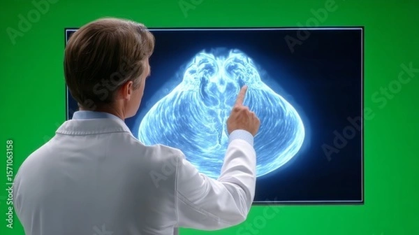 Fototapeta Doctor in White Coat Pointing at Glowing Ultrasound Image on Screen in Clinical Setting with Green Background
