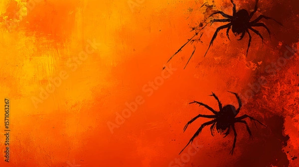 Fototapeta Spiders appear on a textured orange background with rough brush strokes. Concept evokes Halloween or autumn themes. For creating festive cards or decorations.