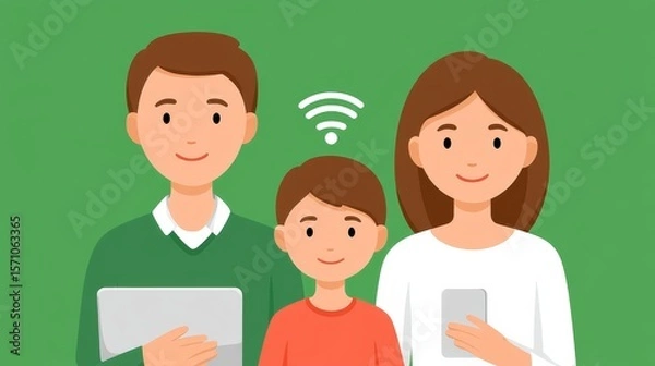 Fototapeta Family Engaging in a Video Call Using Tablets with Joyful Expressions Against a Green Background