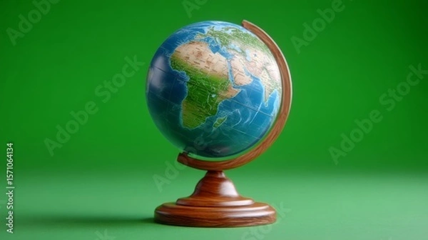 Fototapeta Globe Spinning on Wooden Stand Against a Vibrant Green Background Showing Continents and Oceans