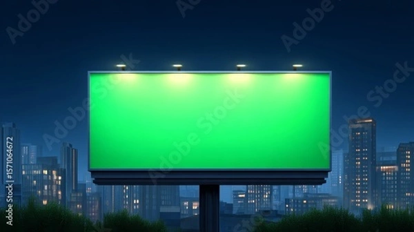 Fototapeta Large Illuminated Digital Billboard with Bright Green Screen at Night in an Urban Cityscape