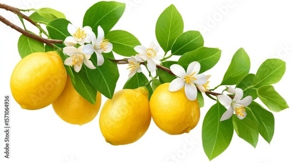 Fototapeta Lemon Tree Branch with Vibrant Yellow Lemons and Delicate White Flowers Against Light Background