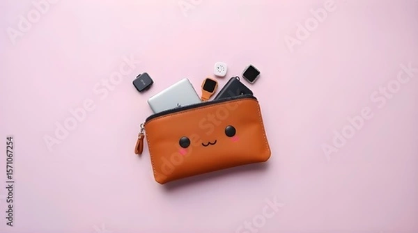 Fototapeta A flatlay of an adorable brown leather gadget pouch with tech accessories. Smooth gradient transitions, seamless color blending, charming and cute features 