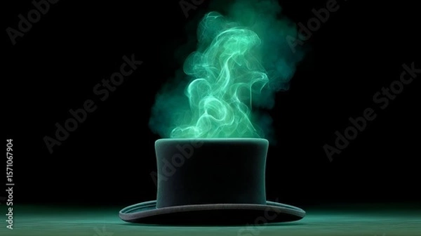 Fototapeta Top Hat With Glowing Green Magical Smoke Creating an Enchanting Atmosphere Against a Dark Background