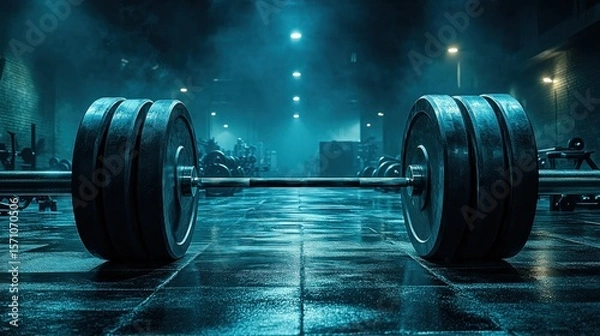 Fototapeta Heavy Barbell on Gym Floor Surrounded by Misty Atmosphere in Modern Fitness Center