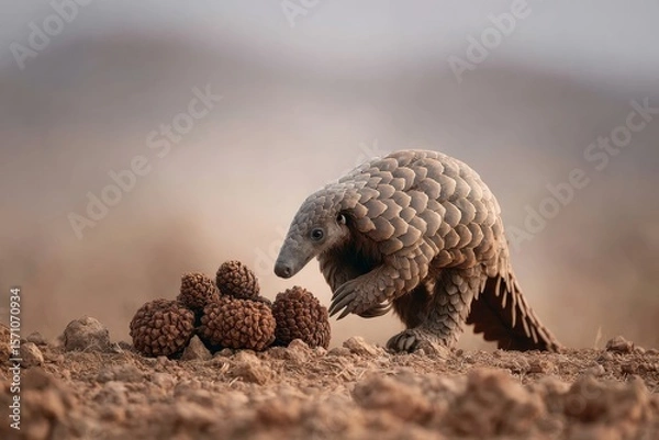 Fototapeta Pangolin exploring pine cones on arid ground in natural habitat for wildlife education and awareness