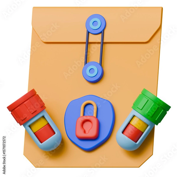 Fototapeta Confidential lab result 3d illustration. String-tie envelope with colorful blood collection tubes and lock symbol.