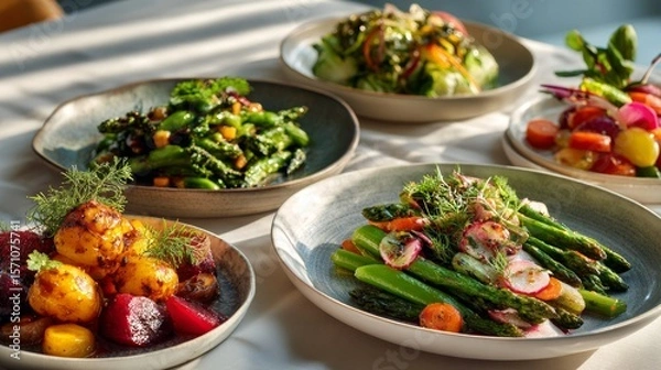Fototapeta Festive New Year brunch table featuring colorful vegetable based seasonal greens and root vegetable dishes arranged