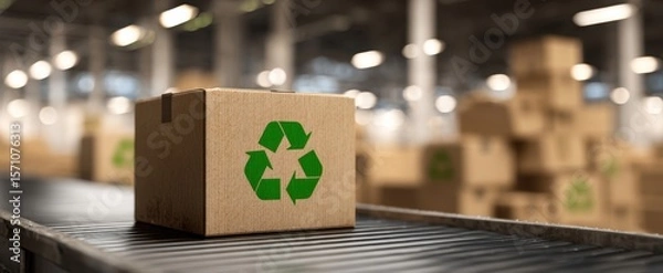 Fototapeta The Eco-Friendly Box on a Conveyor Belt in a Modern Warehouse Environment