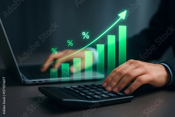 Fototapeta Business person calculating profit with digital financial graph indicating positive growth